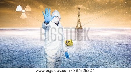 A Man In Protective Gear Warns Of The Nuclear Zone