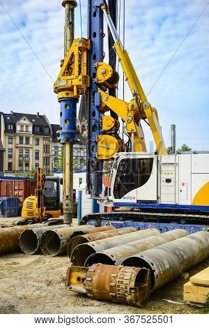 Building With Drilling Machine. Drilling Machine Ready To Drill Piles On A Building Site