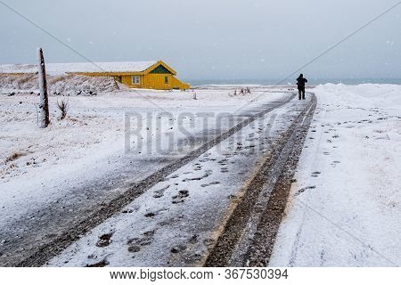 Empty Highway Countryside Frozen Road With Snow In Winter In Iceland