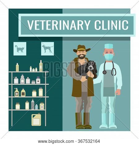 Vet Clinic With Veterinarian Doctor And Dog Owner