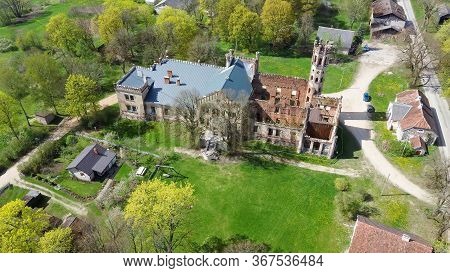 Aerial Photo Of Destroyed Odzienas Castle In Latvia, Europe On A Beautiful Sunny Springday, Concept 