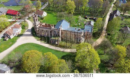 Aerial Photo Of Destroyed Odzienas Castle In Latvia, Europe On A Beautiful Sunny Springday, Concept 