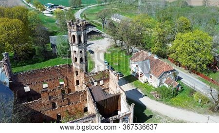 Aerial Photo Of Destroyed Odzienas Castle In Latvia, Europe On A Beautiful Sunny Springday, Concept 
