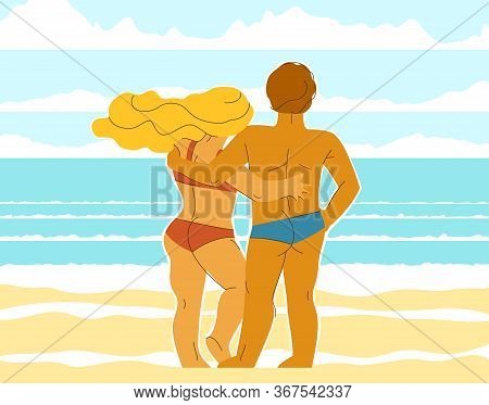 Couple In Love Standing On Seashore Beach And Watching The Sea Vector Illustrations, Husband And Wif