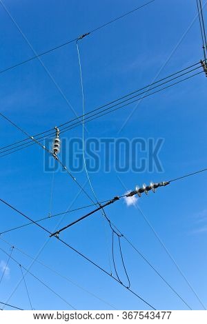 Catenary Of Train Under Blue Sky