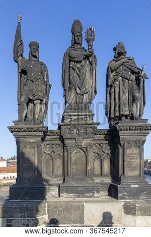 Sculptures Charles Bridge. Statues Of Three Figures - Saint Norbert, St. Vaclav And St. Sigismund. P