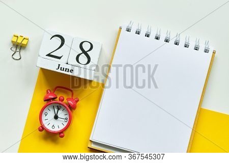 28 Twenty Eighth Day June Month Calendar Concept On Wooden Blocks. Close Up. Copy Space.