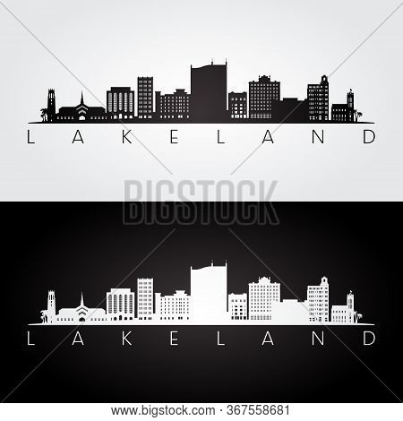 Lakeland, Florida Skyline And Landmarks Silhouette, Black And White Design, Vector Illustration.