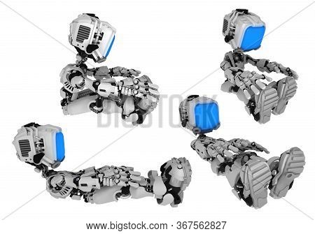 Screen Robot Figure Character Poses Exercising Four Lying And Sitting Poses, 3d Illustration, Horizo