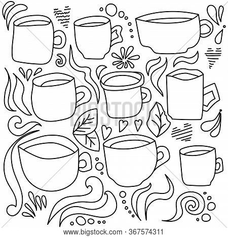 Doodle Vector Illustration Set Of Cups, Cute Elements Curls And Hearts For Creativity And Design