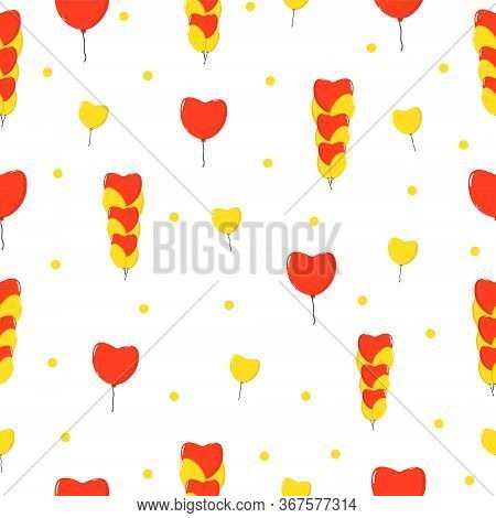 Colourful Pattern With Balloons. Flying Red And Yellow Hearts .
