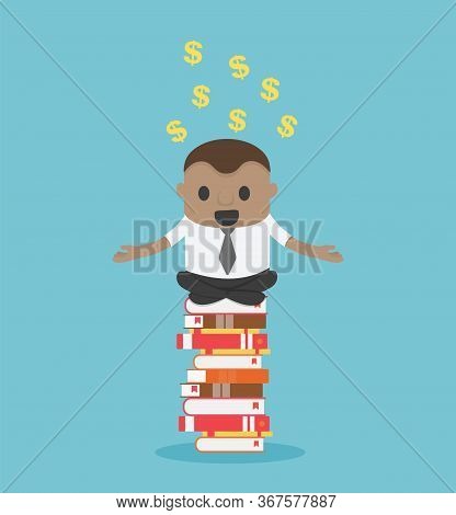 Concept Cartoon Illustration African Businessman Who Is Mindful By Sitting On A Pile Of Books, He Su
