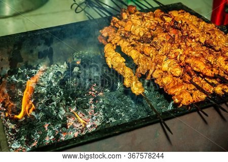 Chicken Sekuwa, Grilled Chicken Meat On Charcoal With Skewers