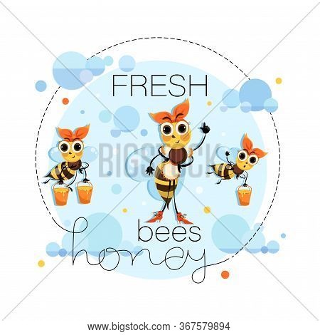 Fresh Honey. Proprietress Bee. Hostess Bee. Vector Honey Label, Emblem Design.swarm Bees Fly In The 