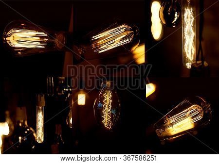 Collage. Light And Lighting. Edissons Retro Lamp. Warm Orange Light.