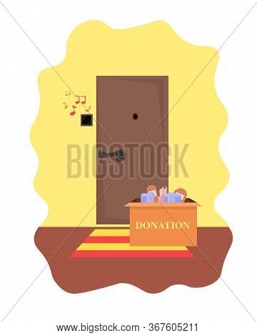 Vector Illustration Of A Donation Box Under The Door. Assistance To Those In Need In A Difficult Lif