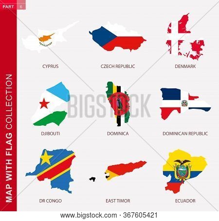 Map With Flag Collection, Nine Map Contour With Flag Of Cyprus, Czech Republic, Denmark, Djibouti, D
