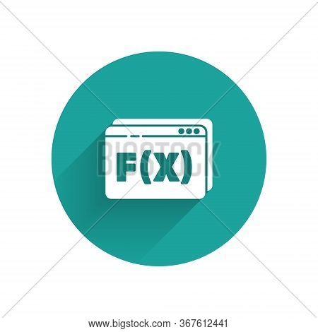 White Function Mathematical Symbol Icon Isolated With Long Shadow. Green Circle Button. Vector