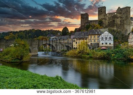 Castle Runkel By The River Lahn In Sunset.