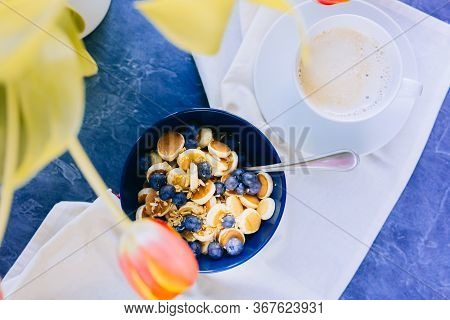 Morning, Breakfast Time, Cereal Mini Pancake, Mini Pancakes In A Dark Blue Bowl With Maple Sirup Hon