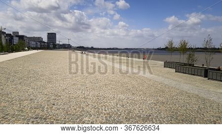 Antwerp, Belgium, May 2020: View On The Scheldt Quay And River Promenade