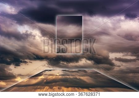 Aesthetic Modern Art Collage With Clouds Sky In Style Of The 80-90s. Real Natural Sky Composition In