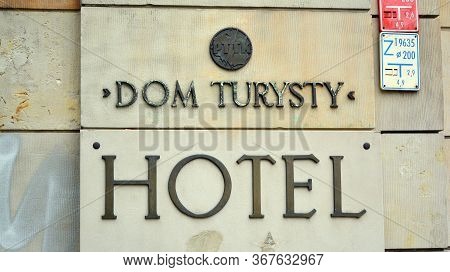 Warsaw, Poland. 23 May 2020. Sign Dom Turysty Hotel / Tourist House