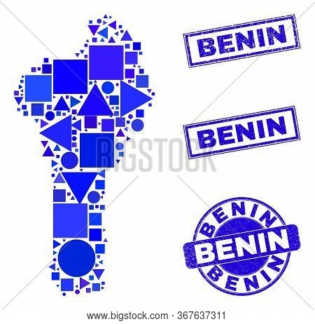 Vector Mosaic Benin Map. Geographic Plan In Blue Color Shades, And Grunge Round And Rectangle Stamp 