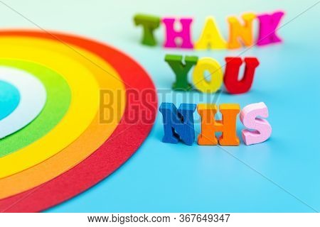 Thank You Nhs Card, Thanking The Nhs Symbol In Britain- Rainbow On Blue Background