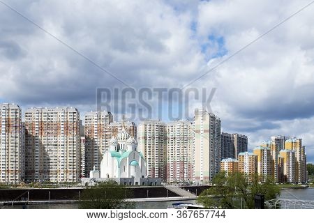Construction Of Moscow River Embankment And St. Nicholas Church In New Area Of Pavshinsky Floodplain