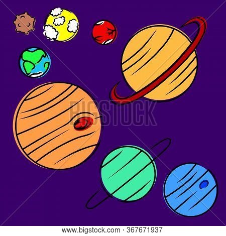 Set Of Planets Of The Solar System In Cartoon Style. The Stroke Is Closed Loops. Vector.