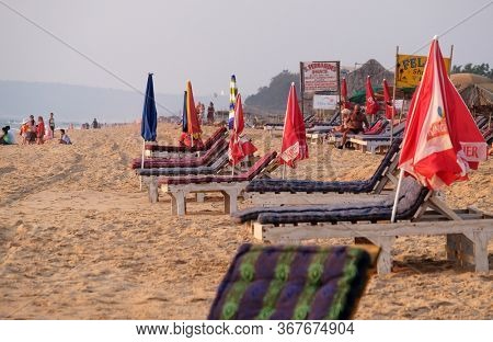 CANDOLIM, INDIA - FEBRUARY 20, 2020: Candolim Beach, North Goa, India