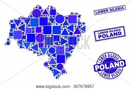 Vector Mosaic Lower Silesia Province Map. Geographic Plan In Blue Color Shades, And Rubber Round And