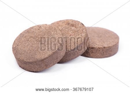 Dry peat pellets, compressed compost tablet isolated over the white background