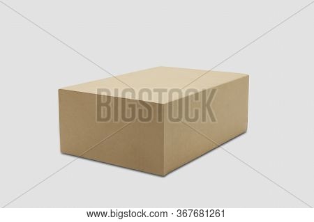 Mockup Closed Brown Paper Box Isolated On White Background, Package And Container, Business With Log