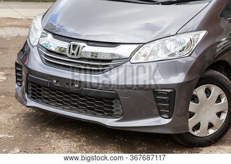 Novosibirsk/ Russia - May 03 2020: Silver Honda Freed,  Front View.  Modern  Minivan Made In Japan O