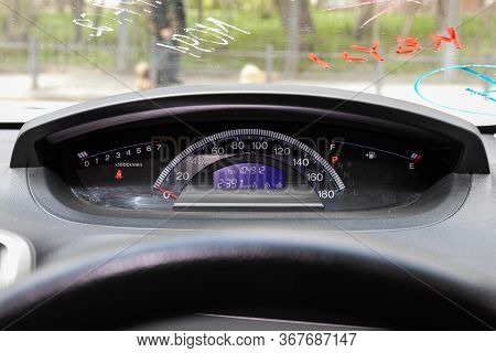 Novosibirsk/ Russia - May 03 2020: Honda Freed, Car Panel, Digital Bright Speedometer, Odometer And 