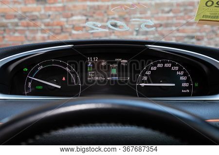Novosibirsk/ Russia - May 03 2020:  Toyota Sienta, Car Panel, Digital Bright Speedometer, Odometer A