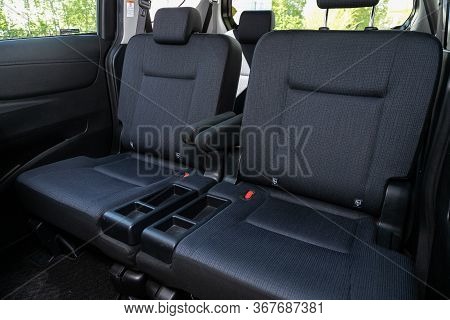 Novosibirsk/ Russia - May 03 2020:  Toyota Sienta, Rear Seat For Passengers In Black Textile. Comfor