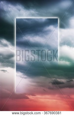 Aesthetic Modern Art Collage With Clouds Sky In Style Of The 80-90s. Real Natural Sky Composition In