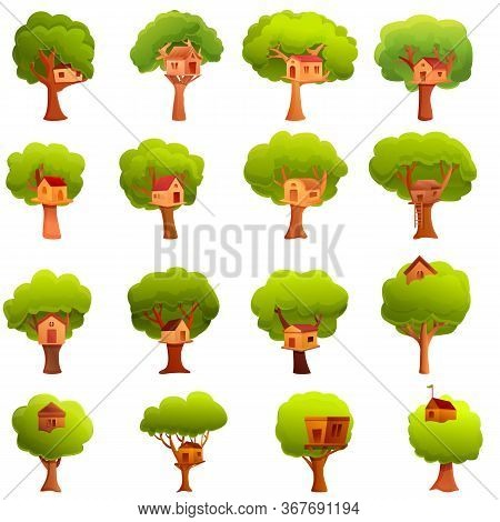 Tree House Icons Set. Cartoon Set Of Tree House Vector Icons For Web Design