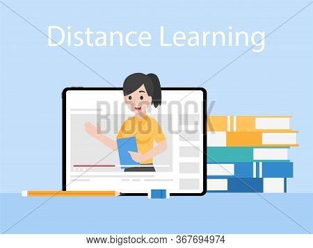 Online Teacher On Tablet Monitor Teaching Education Lesson With Video Tutorial On Video Blog Social 