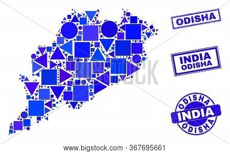 Vector Mosaic Odisha State Map. Geographic Scheme In Blue Color Shades, And Rubber Round And Rectang