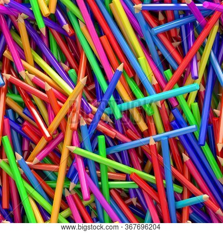 Seamless Texture Of Multi Colored Wooden Pencils, 3d Illustration