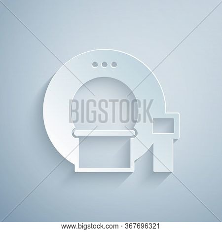 Paper Cut Tomography Icon Isolated On Grey Background. Medical Scanner, Radiation. Diagnosis, Radiol