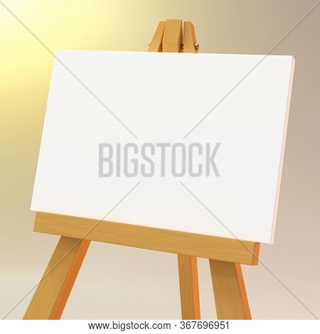 Close Up On A Wooden Easel With A White Canvas, 3d Illustration