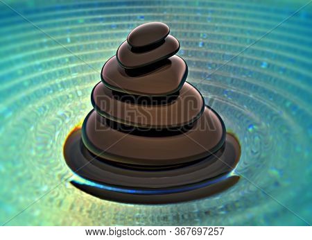 Stack Of Black Stones On Water, 3d Illustration