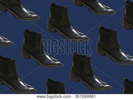 Elegant Black Boots Isolated On Blue Background. Fashionable Women's Boots Women's Demi-season Shoes