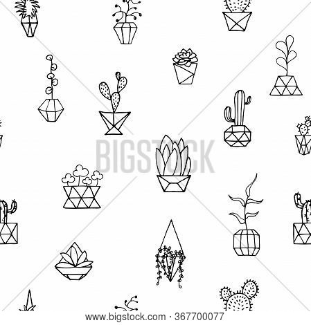 Doodle Plant In Faceted Pot Seamless Pattern. Hand-drawn Leaves, Succulents, Cactus, Poly Flower Pot