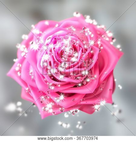 Close-up On A Rose Flower With Diamonds, With Depth Of Field, 3d Illustration